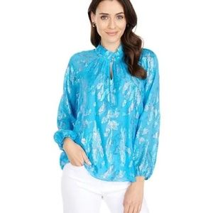 Lilly Pulitzer Galiana Silk Top XL, Ocean Breeze Blue Floral Metallic Clip